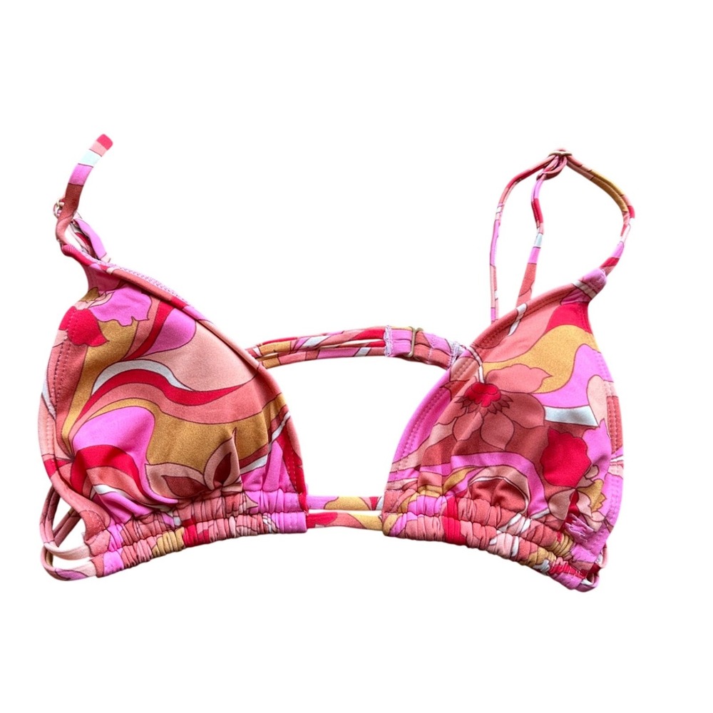 Retro Psychedelic Floral Triangle Bikini Top Pink Orange Red Adjustable Straps